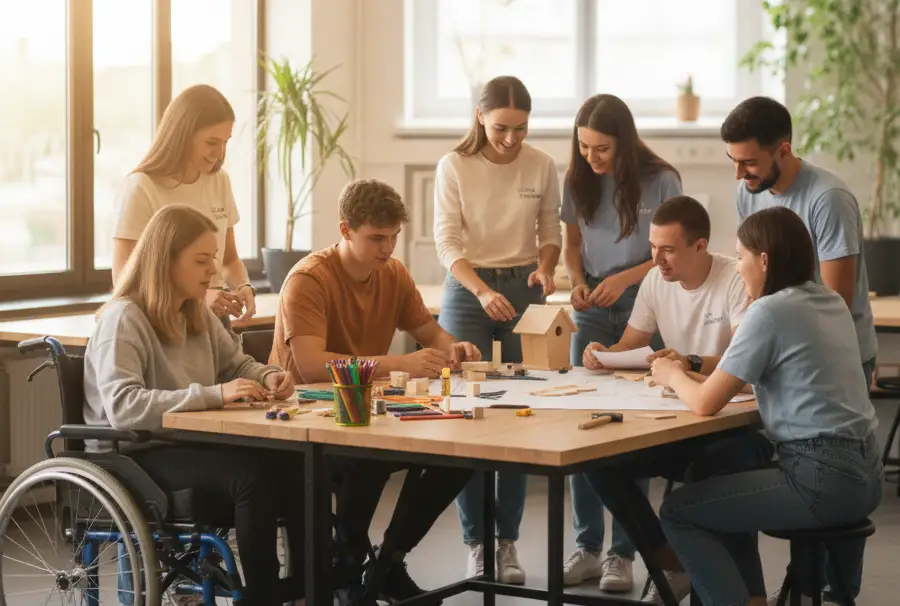 Tineri cu dizabilități și voluntari implicați într-o activitate educațională de grup, promovând incluziunea și colaborarea la Clubul Tinerilor.