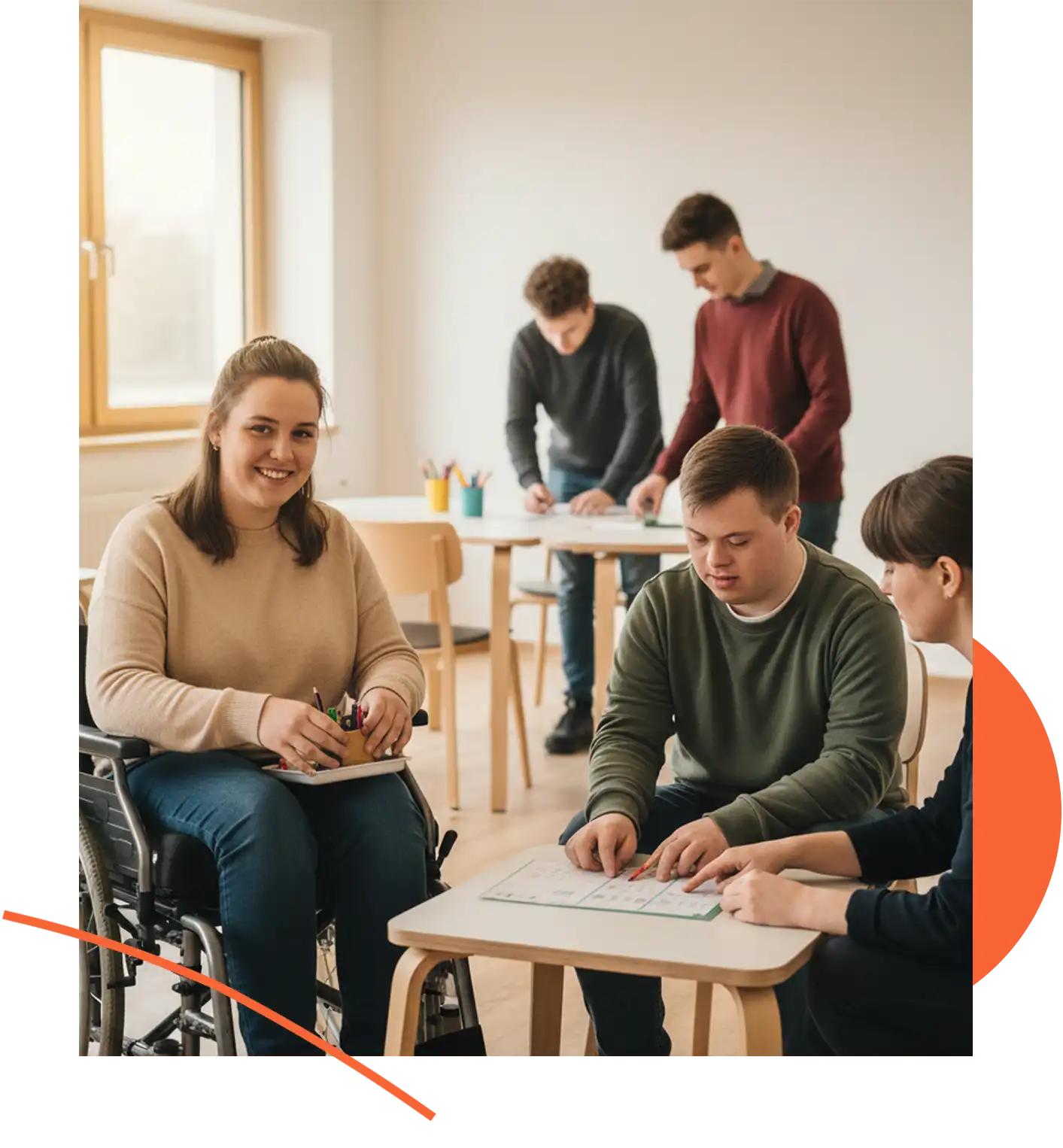 Tineri cu dizabilități implicați într-un serviciu social de sprijin pentru autonomie și integrare socială, în cadrul Clubului Tinerilor.